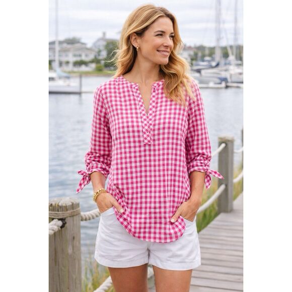 Vineyard Vines Tops - Vineyard Vines Pink Gingham Top Size Medium Cotton Tie Sleeve 3/4 Sleeve Blouse